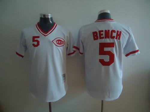 Mitchell and Ness Reds #5 Johnny Bench Stitched White Throwback MLB Jersey - Click Image to Close
